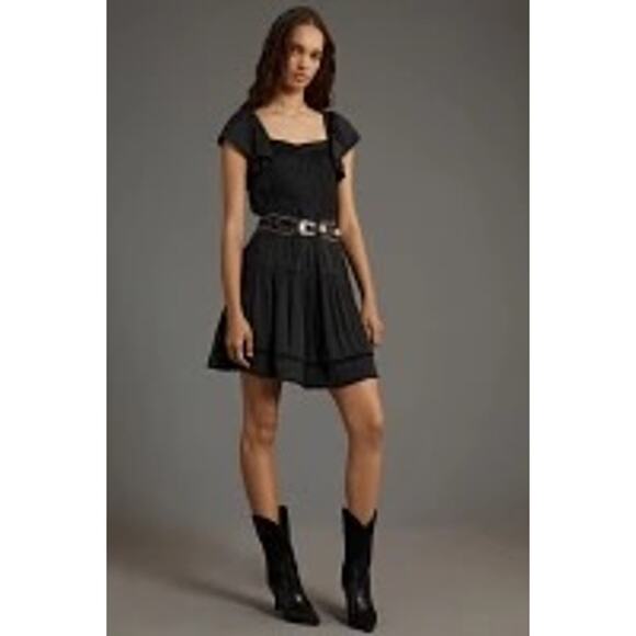 Anthropologie NWT Black Flutter Sleeve Square Neck Mini Dress Size Medium - Picture 1 of 12